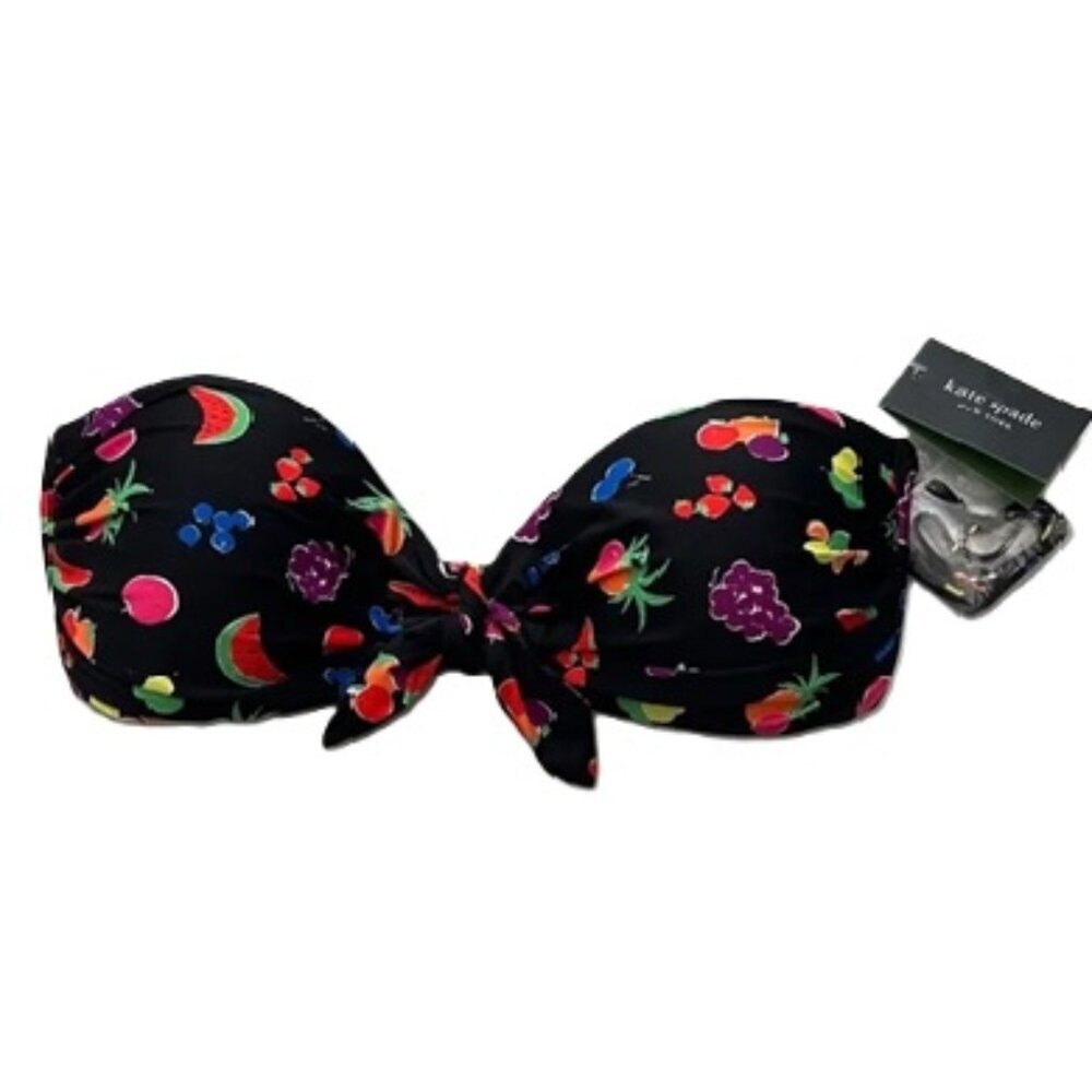 NWT Kate Spade Black Bikini Top with Colorful Fruit Design Size M